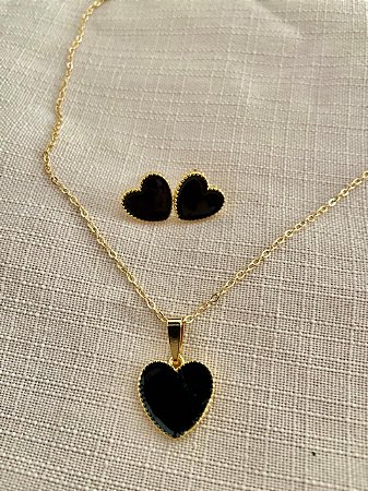 Conjunto Coração Preto Dourado
