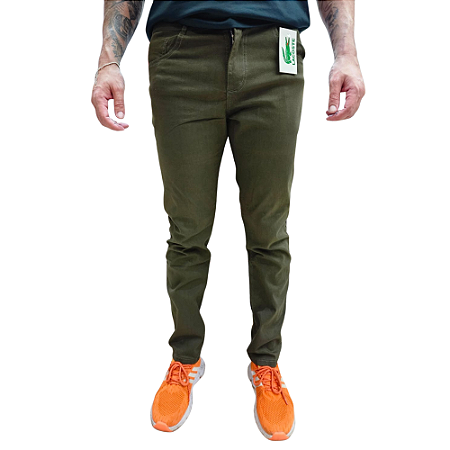 Calça Sarja Slim com Elastano Verde Militar Masculina