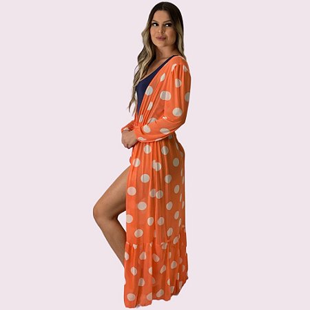 Saída de Praia Longa com Manga Longa Bufante Poá Laranja com Nude P/M