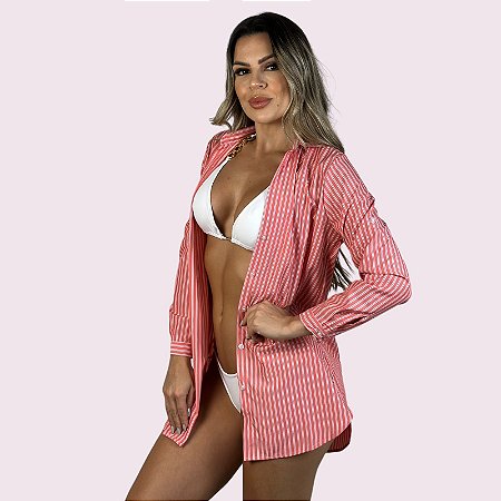 Camisa de Praia Listrada Vermelho P/M