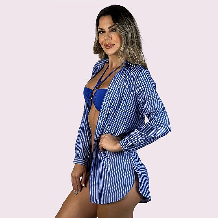 Camisa de Praia Listrada Azul G/GG
