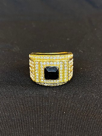 DEDEIRA COM PEDRA PRETA CRAVEJADA BANHADA A OURO 18K