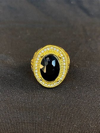 DEDEIRA COM PEDRA PRETA CRAVEJADA BANHADA A OURO 18K
