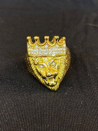 DEDEIRA LEÃO C/ COROA CRAVEJADA BANHADA A OURO 18K
