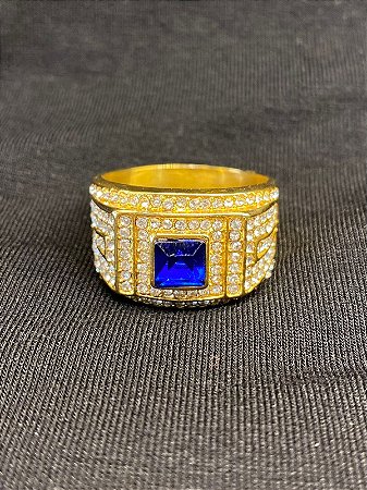 DEDEIRA COM PEDRA AZUL CRAVEJADA BANHADA A OURO 18K