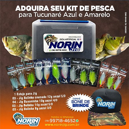 Kit  de estojo para Tucunaré azul e amarelo / caixa contendo 13 jigs sendo , 4 bananinhas 10 gr  , 3 bolinhas cromados de  12  gr , 3 bolinhas 8 gr, 3 bolinhas de 14 gr e 1 boné de brinde