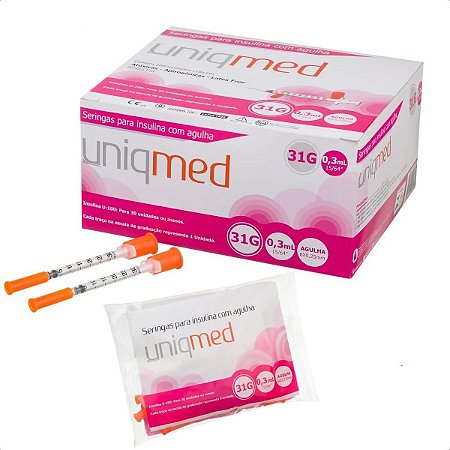 Seringa para Insulina Uniqmed 0,3mL (30UI) Agulha 6x0,25mm 31G - Caixa com 100 seringas