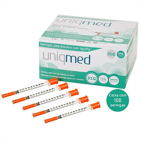 Seringa para Insulina Uniqmed 1mL (100UI) Agulha 6x0,25mm 31G - Caixa com 100 seringas
