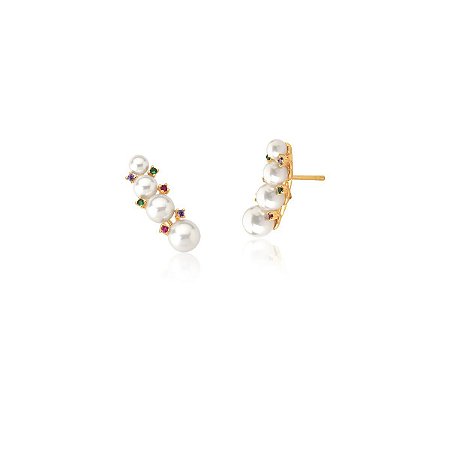 Brinco Earcuff de Pérolas Cravejado com Zircônias Coloridas