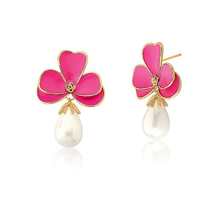 BRINCO FLOR ORQUIDEA ESMALTADA COM PEROLA PENDENTE (com variações)