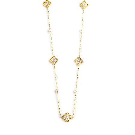 Colar Tiffany Dourado com Florzinhas Cravejadas e Pérolas