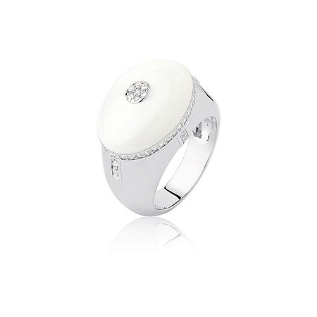 Anel Oval Esmaltado Branco com Detalhe Cravejado