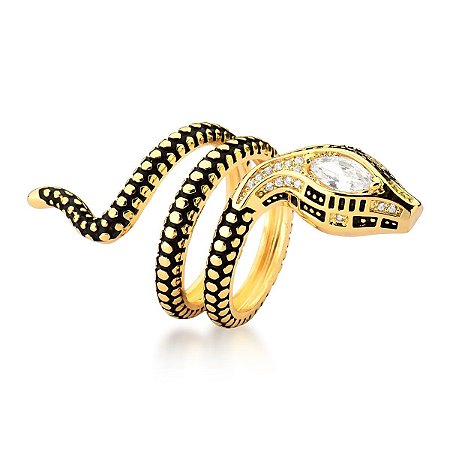 Anel de Cobra Esmaltado Preto e Detalhes em Zircônias