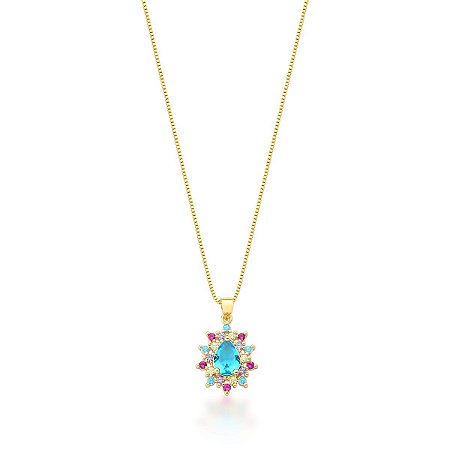 Colar com Pingente de Gota Azul com Zircônias ao Redor