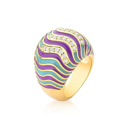 Anel Esmaltado em Roxo e Turquesa com Detalhes em Zirconias