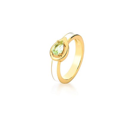 Anel Esmaltado Branco com Zircônia em Gota Verde