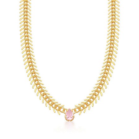 Colar Choker Espinha de Peixe Pingente Rosa