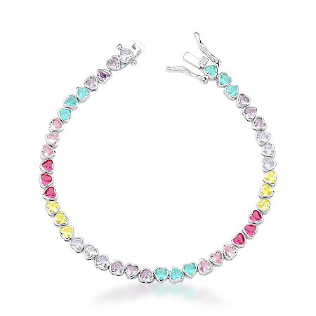 Pulseira Riviera e Zircônias Corações Coloridos Banhada a Ródio