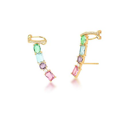 Brinco Ear Cuff Zircônias Coloridas e Piercing
