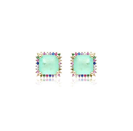 Brinco Pedra Quadrada Turmalina Cravejada ao Redor com Zircônias Coloridas