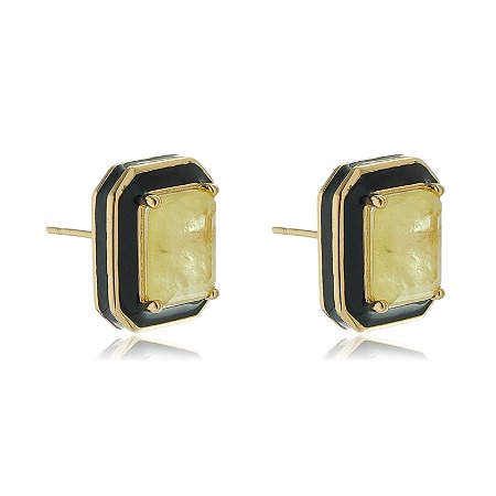 Brinco Retangular Esmaltado Preto com Pedra Amarela