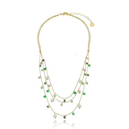 Colar 3 Vias com Jades Esmeralda e Pérolas