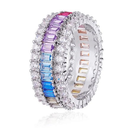 Anel Baguete Rainbow Central com Zircônias nas Extremidades