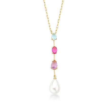 Colar com Pingente Pendente de Zircônias Coloridas e Pérola