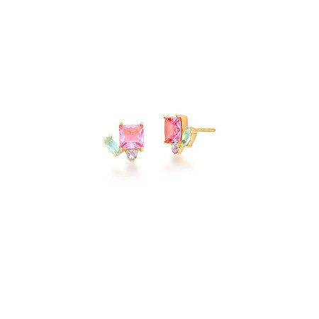 Brinco Zircônia Quadrada Rosa com Detalhe de Baguete Acqua e Circulo Tanzanita