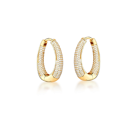 Brinco de Argola Oval Crescente Dourado Cravejação Frente e Verso