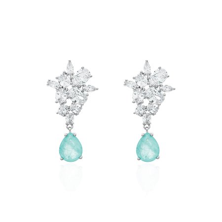 Brinco Cluster Zircônias Brancas com Pendente de Gota Turmalina