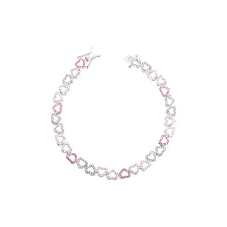 Pulseira Riviera Corações Vazados Cravejados com Zircônias em Tons de Rosa