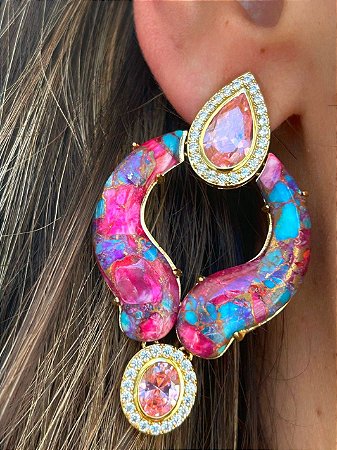 Brinco Abaloado em Turquesa Cooper e Quartzo Rosa