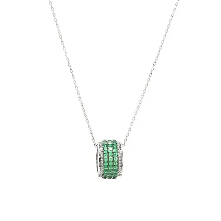 Colar com Pingente Redondo em Prata com Cravação Invisível Esmeralda e Zircônias em Ródio Branco