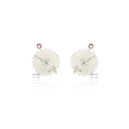 Brinco Flor em Madreperola com Gotas em Zircônia Colorida em Banho de Ródio Branco