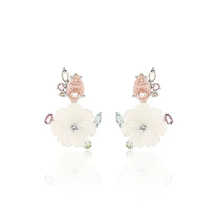Brinco 2 em 1 Flor em Madreperola com Gota em Morganita Fusion e Zircônias Coloridas de Ródio Branco