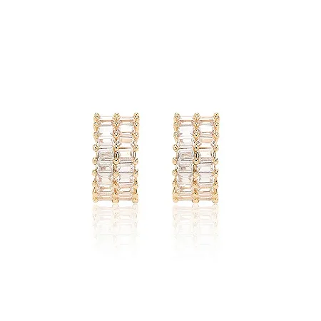 Brinco Argola Média de Baguetes com 2 Fileiras com Banho de Ouro Dourado