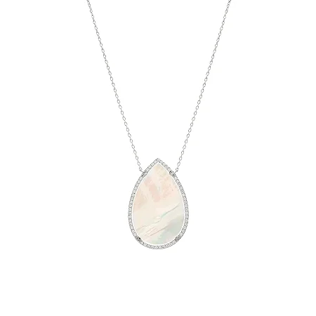 Colar em Gota de Madrepérola Cravejado ao Redor em Banho de Ródio Branco (40cm +5cm)