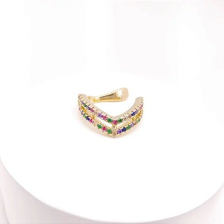 Piercing Fake V Cravejado com Zircônias Coloridas Banhado a Ouro