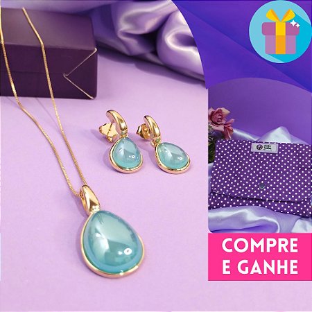 Conjunto gota ágata azul perolado banhado a ouro