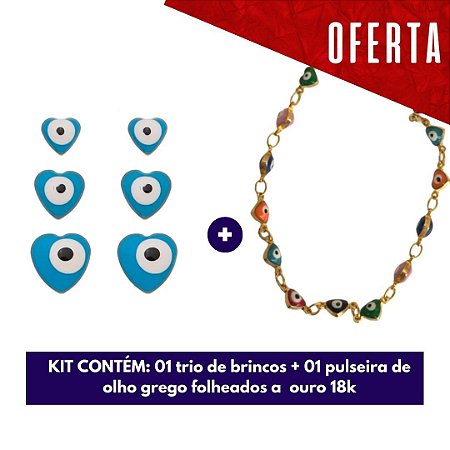 Mix Olho Grego - Trio de brincos e pulseira de mini coração olho grego folheados a ouro 18k