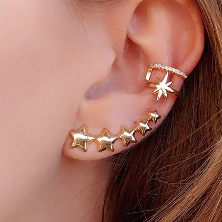 Mix Estrela – Brinco Ear Cuff e Piercing Fake com Zircônias Banhado a Ouro