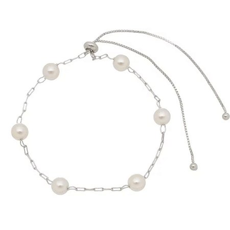 Pulseira ajustável de pérolas folheado a ródio branco