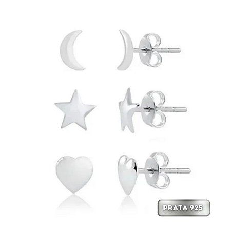 Trio de brincos de prata coração, lua e estrela