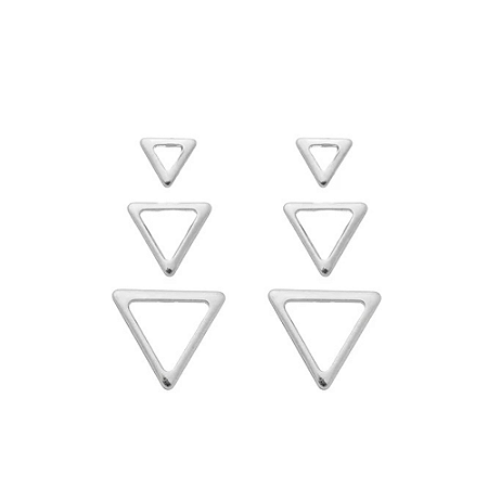 Trio de brincos triângulos vazados banhado a ródio branco