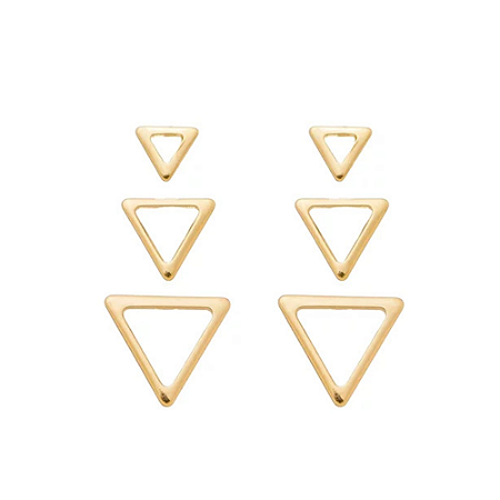 Trio de brincos triângulos vazados banhado a ouro