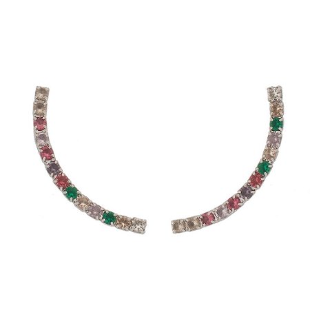Brinco ear cuff slim cravejado zircônias coloridas banhado a ródio branco