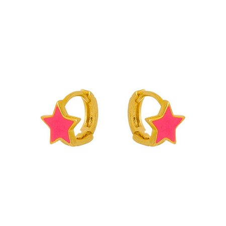 Brinco de argolinha click com estrela colorida banhado a ouro