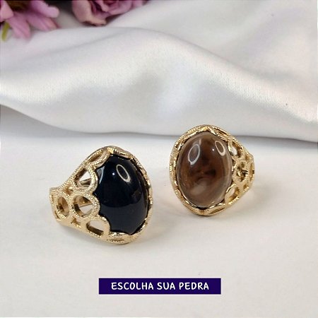 Anel com Detalhes de Mandala e Pedra Oval Banhado a Ouro - Escolha sua pedra