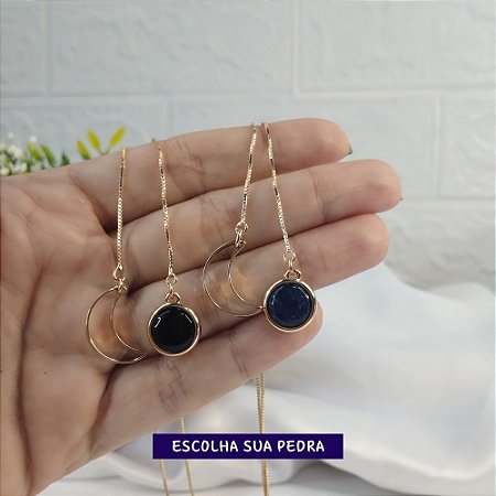 Choker gargantilha lua com pingente de pedra redonda banhado a ouro - Escolha sua pedra